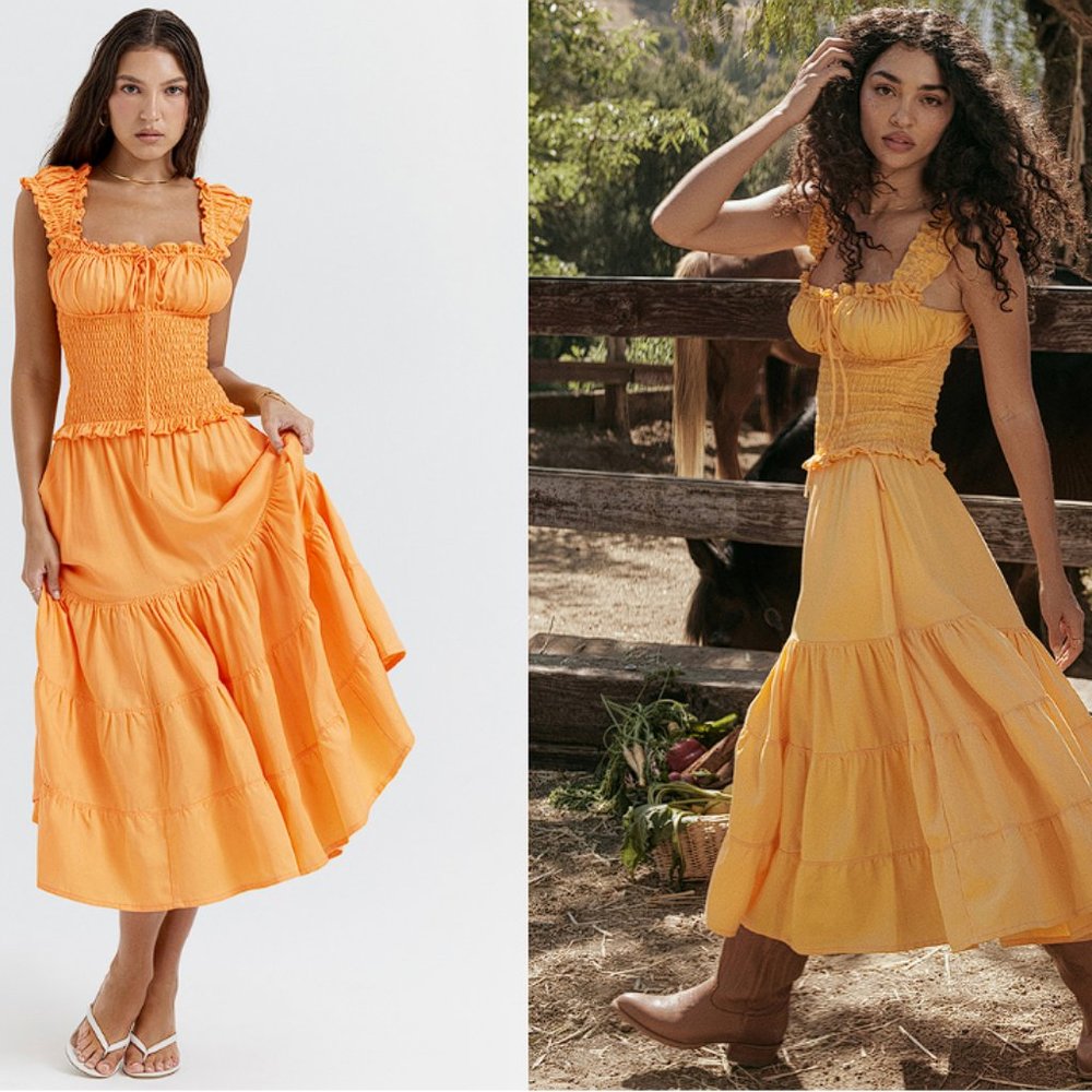 House of CB 'Phedra' Tangerine Shirred Maxi Sundress NWOT